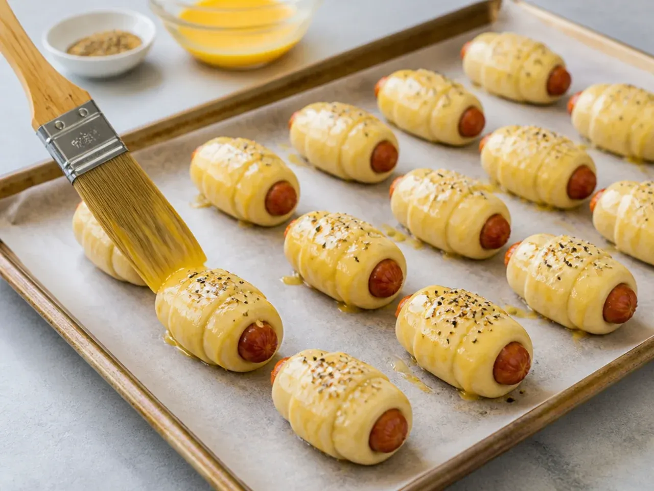 homemade pigs in a blanket — step 6: egg wash and season