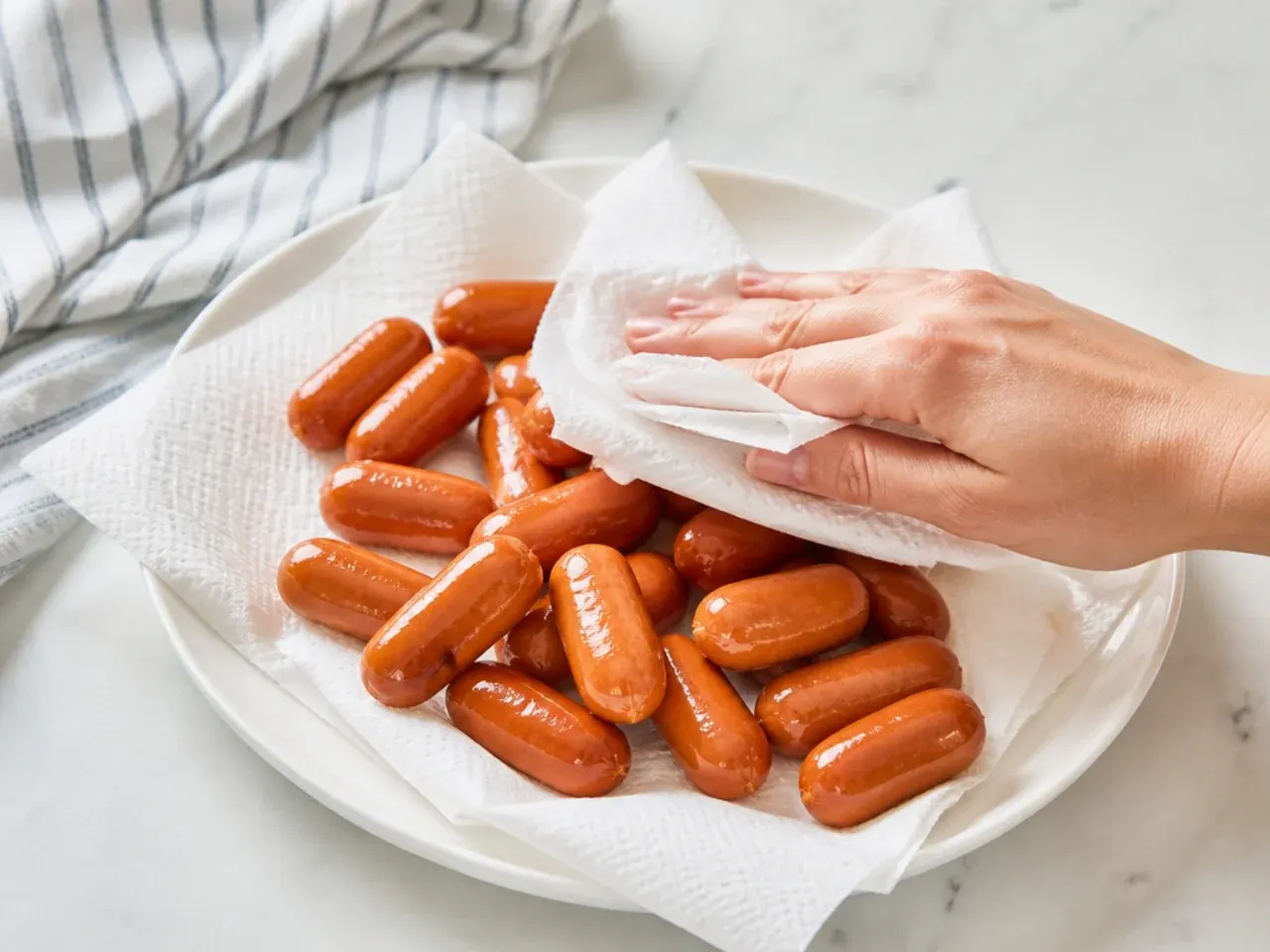 Cocktail sausages being patted dry on kitchen paper before making homemade pigs in a blanket