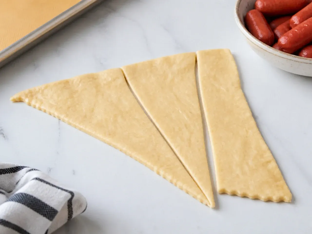 Crescent dough cut into three slim triangles for bite-sized homemade pigs in a blanket