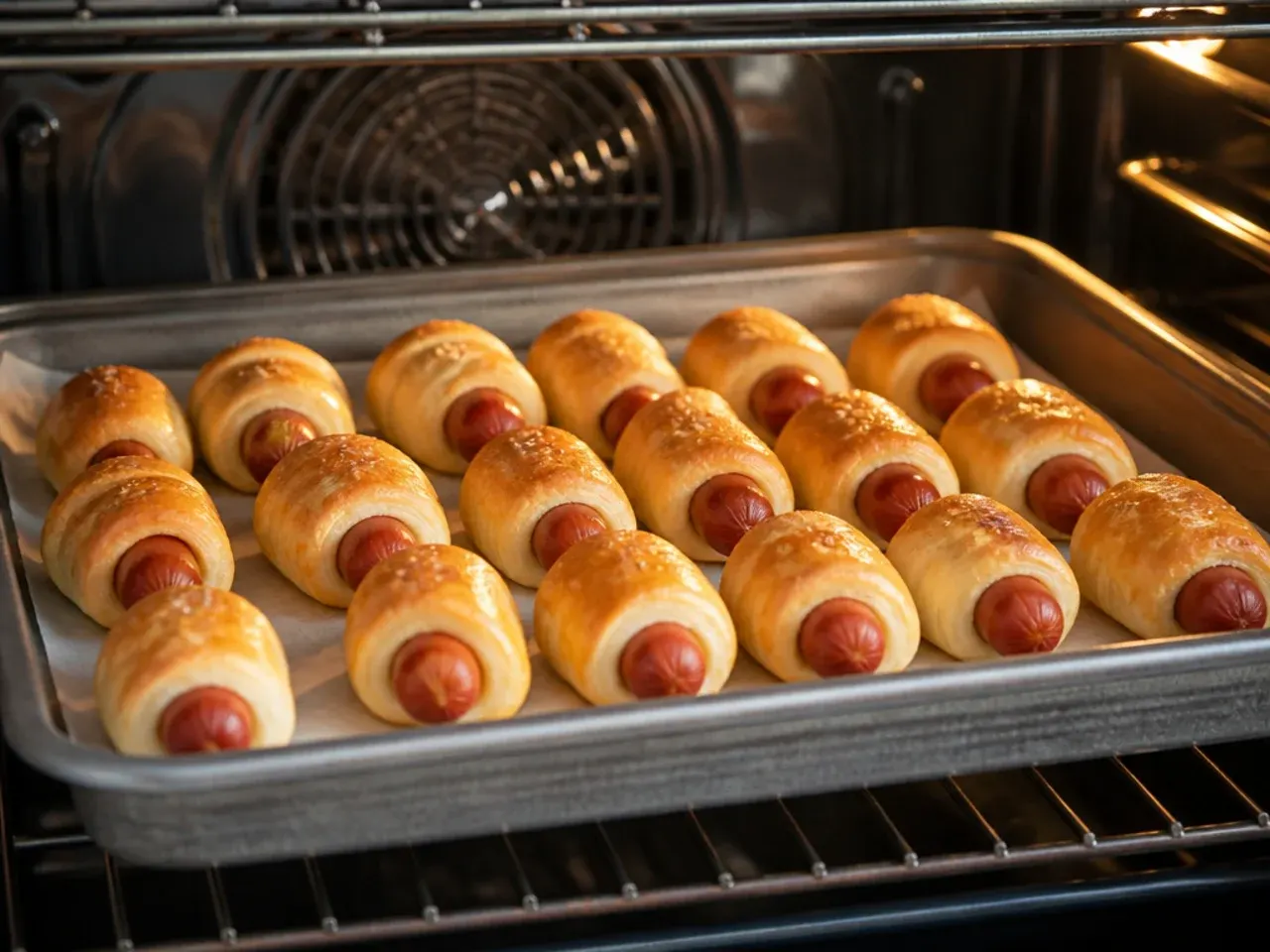 Golden homemade pigs in a blanket baking at the correct oven temperature on the middle shelf
