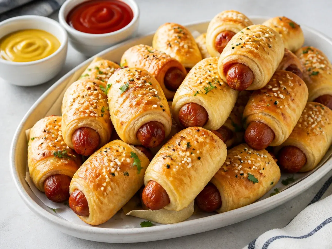 A platter of golden homemade pigs in a blanket served with dipping sauces for a party