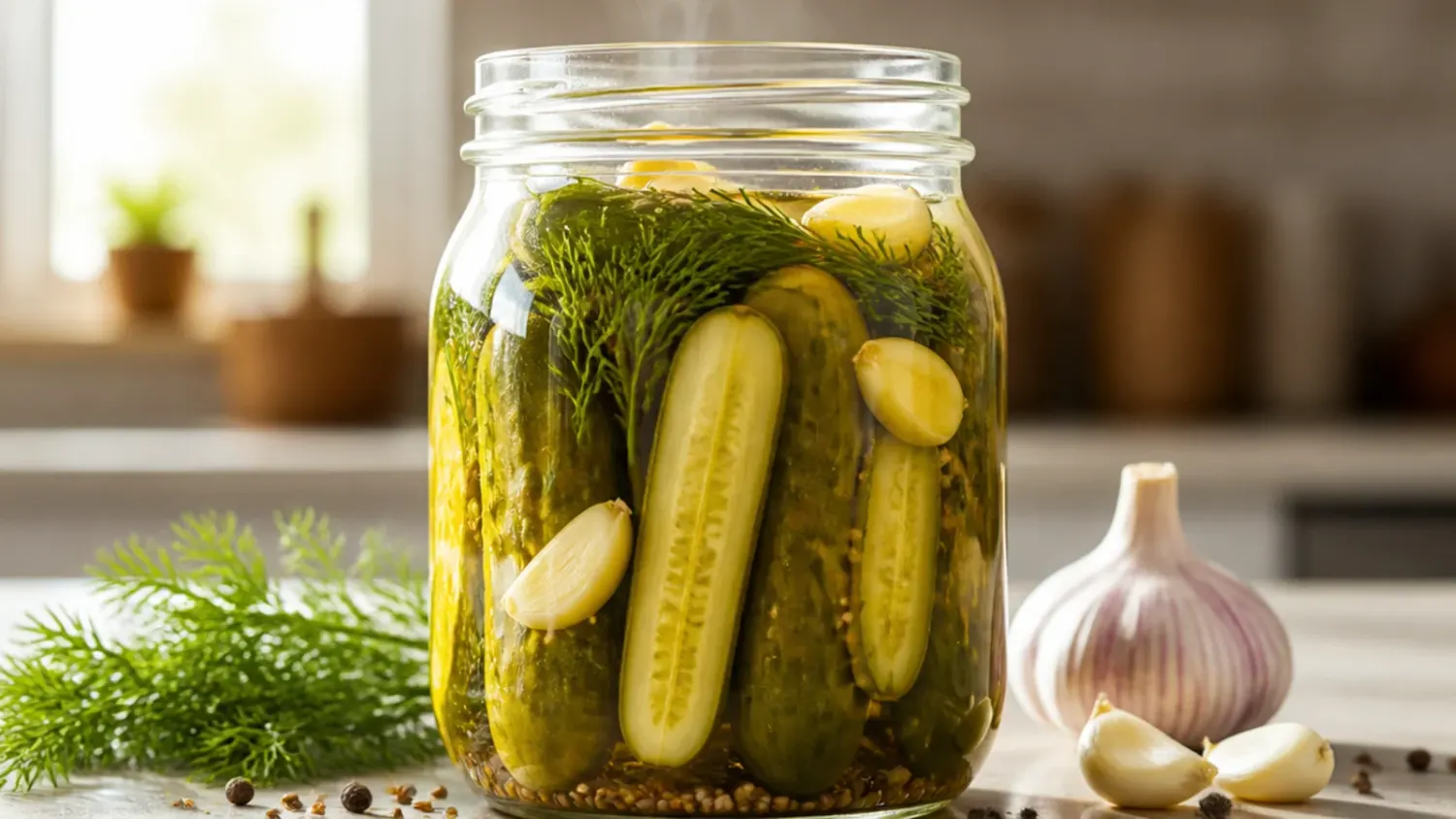 Rows of glass jars filled with homemade refrigerator pickles, garlic cloves and fresh dill sprigs on a wooden counter.