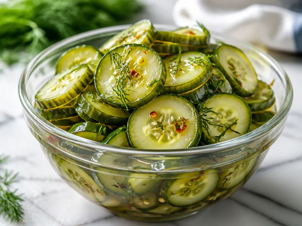 Rows of glass jars filled with homemade refrigerator pickles cooling on a kitchen counter.