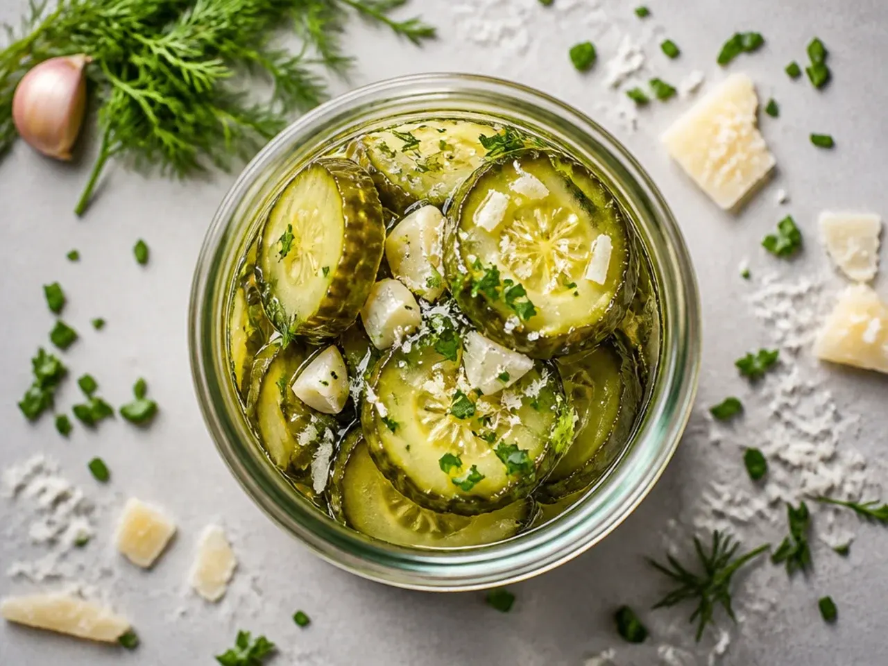 Jar of classic garlic dill refrigerator pickle spears with fresh dill and garlic cloves.
