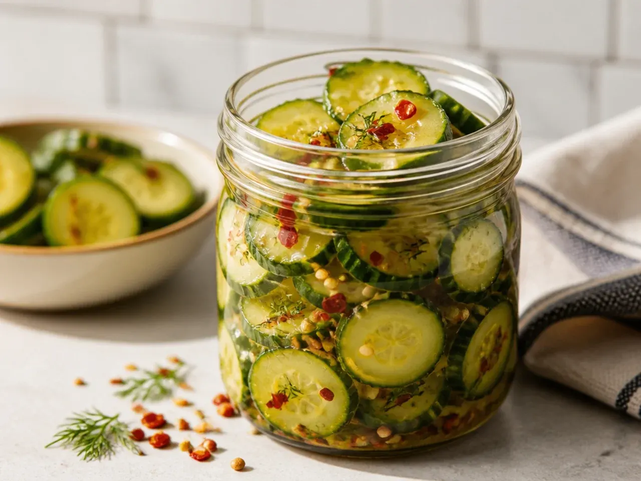 Simple jar of sliced cucumber pickles made with just vinegar, salt and water.