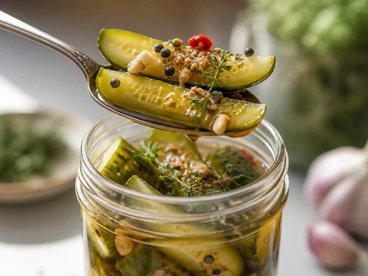 Extra-crunchy kirby cucumber pickle spears stacked upright in a glass jar.