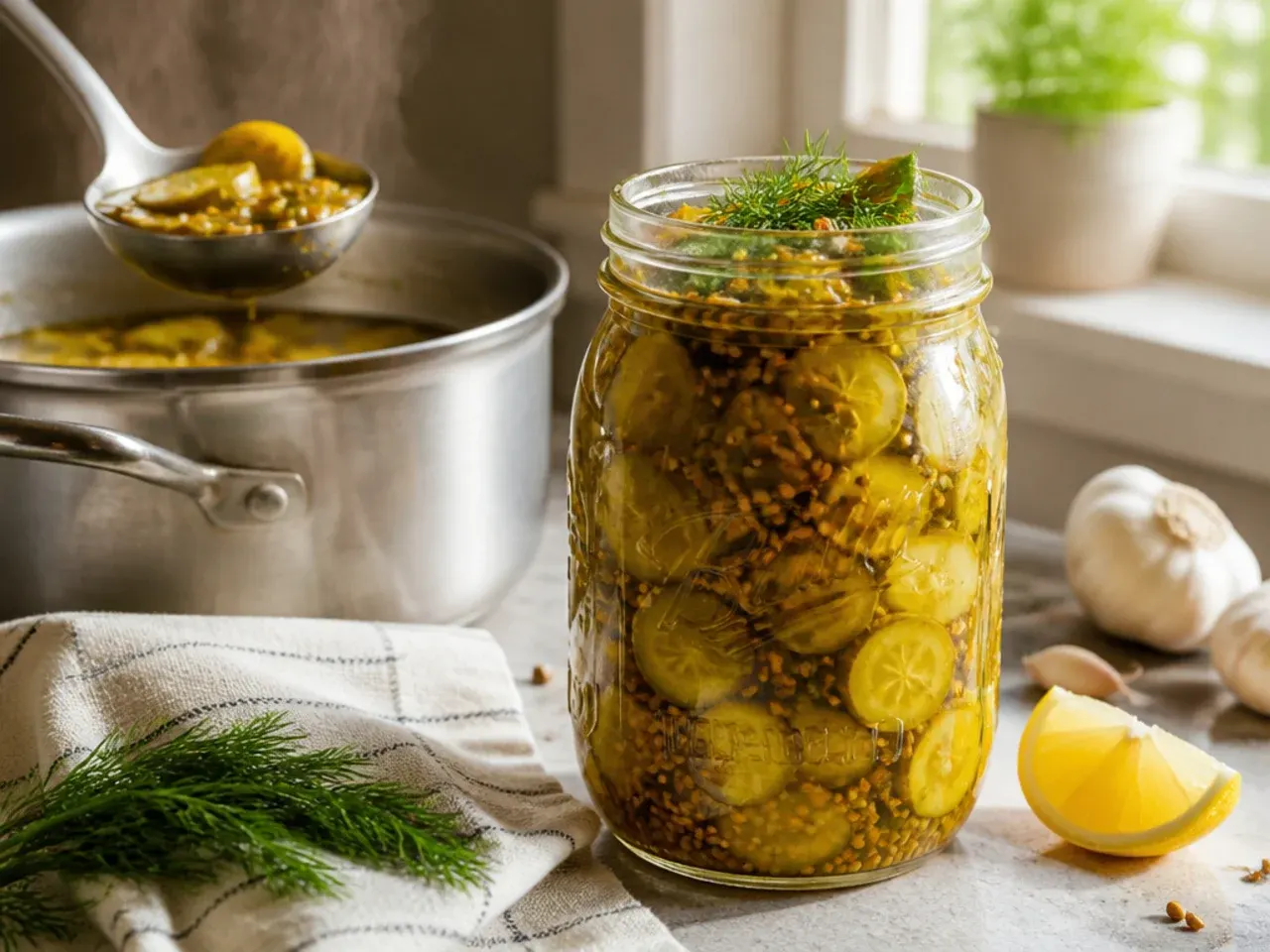 Pickles in a warmly spiced brine with mustard seed and a cinnamon stick.