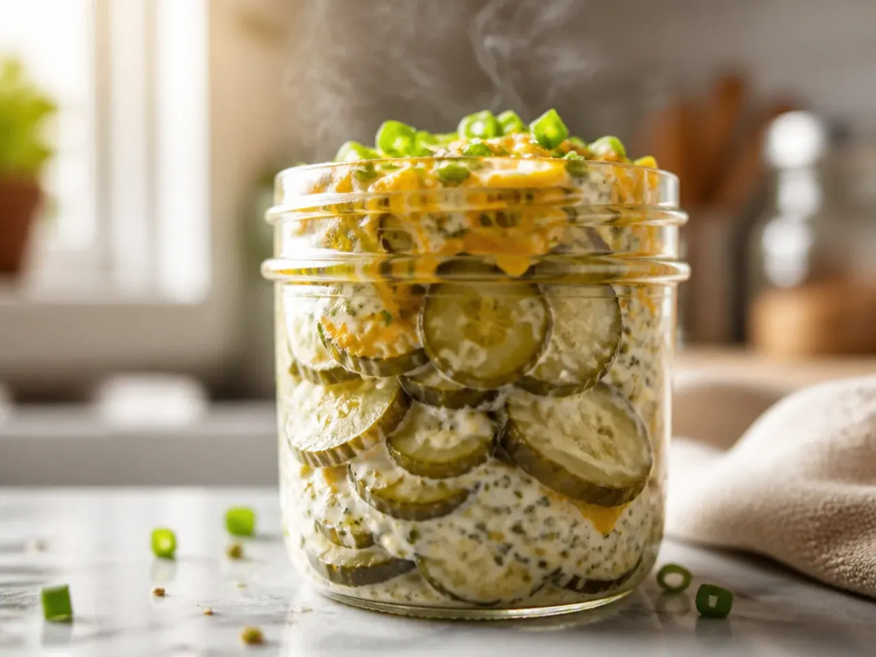 Sliced pickle chips in a creamy ranch-seasoned brine.