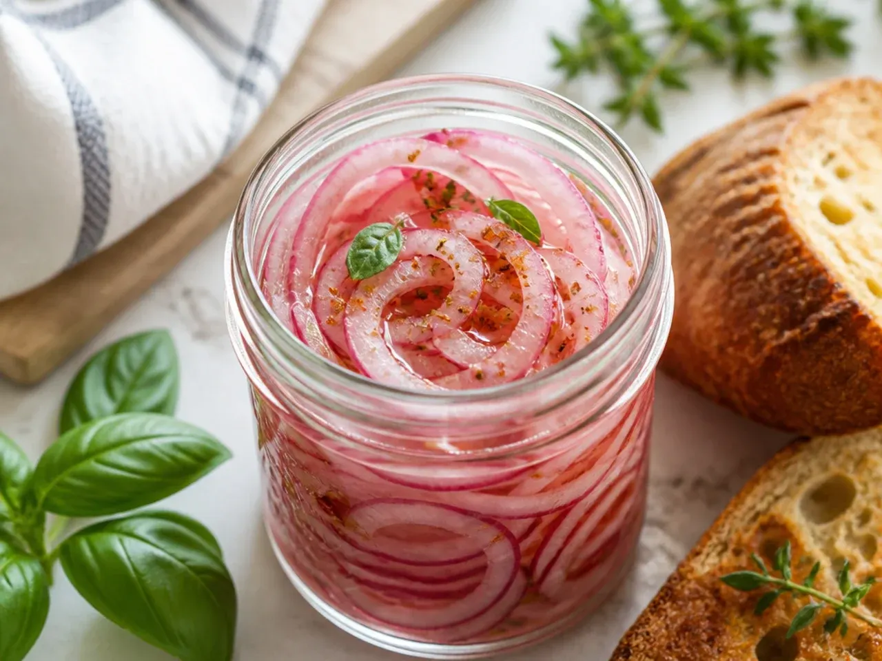 Jar of curry-spiced pickled cauliflower florets with a sliced fresh chilli.