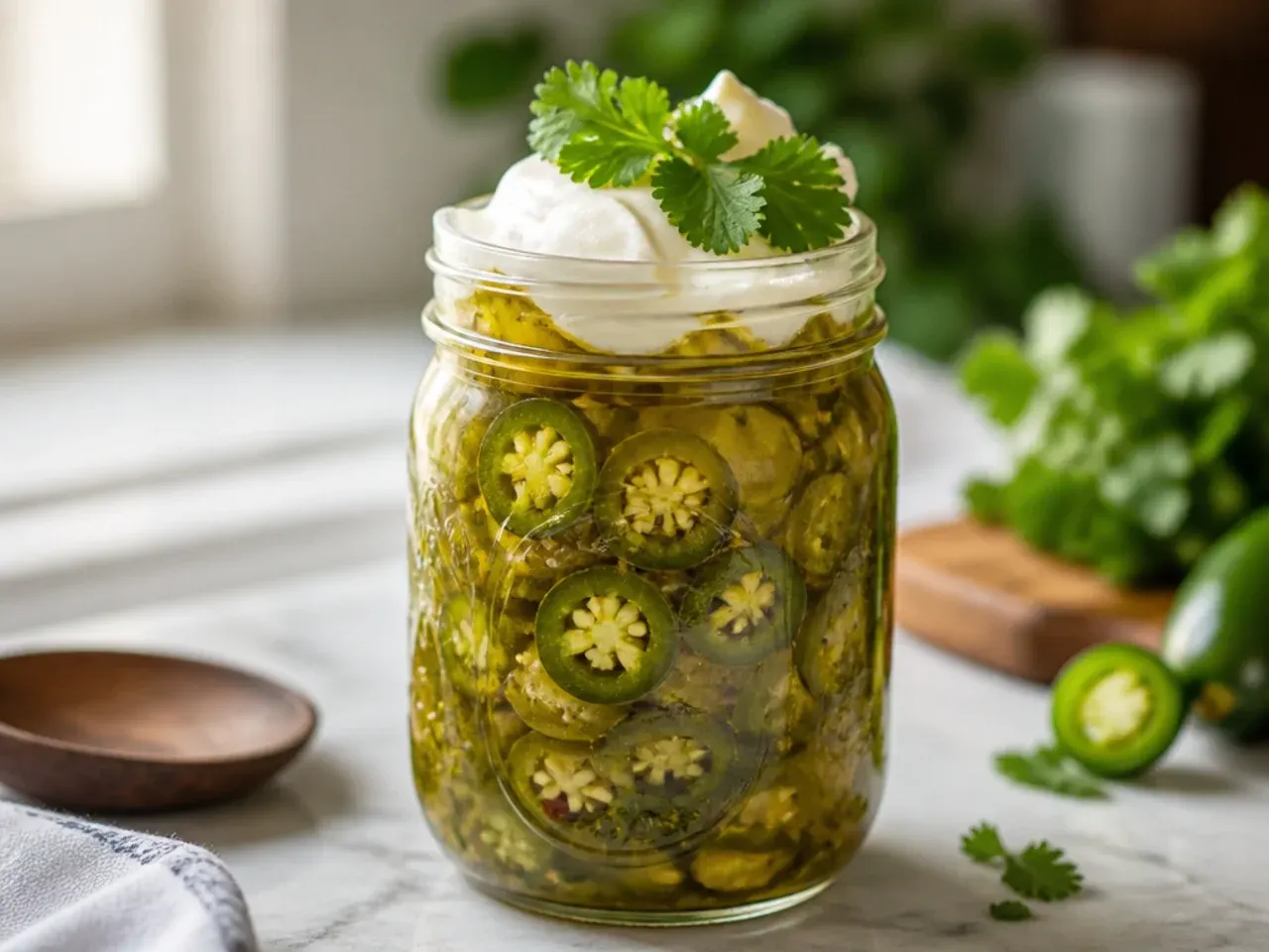 Sliced jalapeño pickles in a sharp, spicy vinegar brine.
