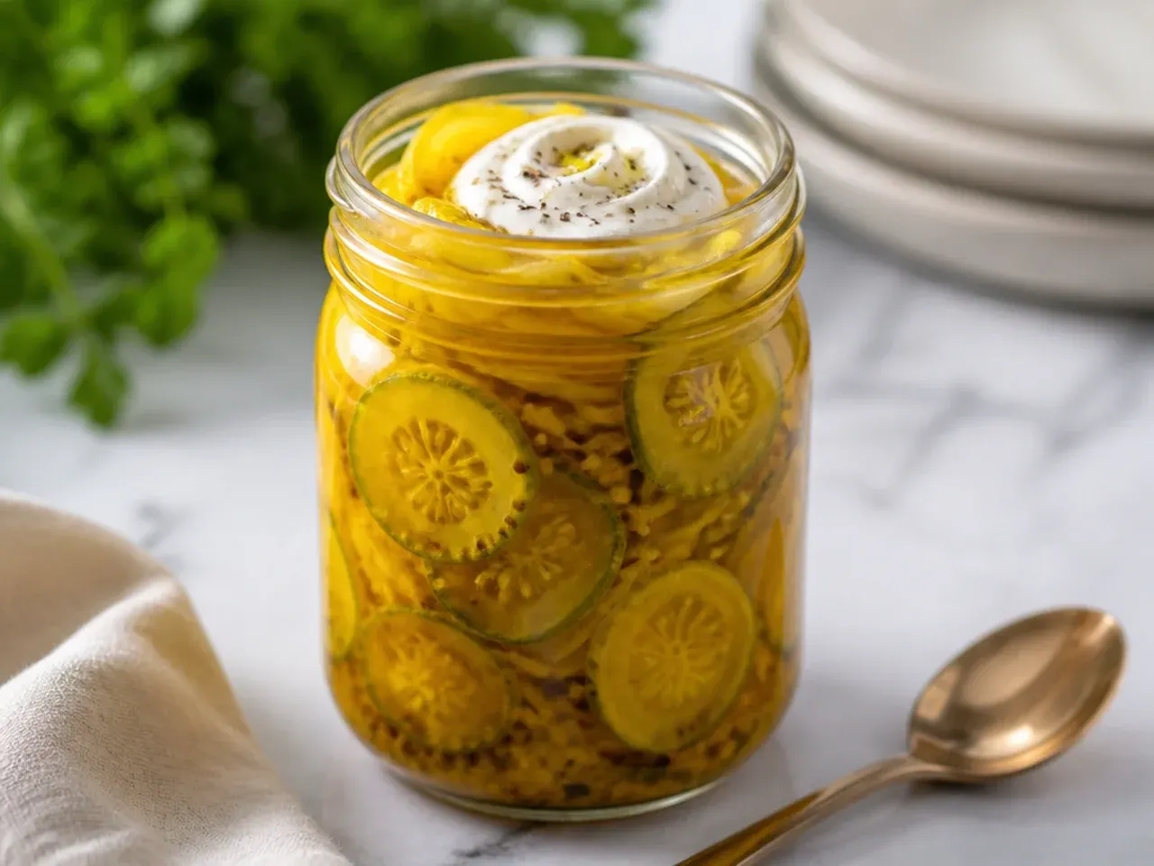 Golden turmeric bread-and-butter pickles with sliced onion.