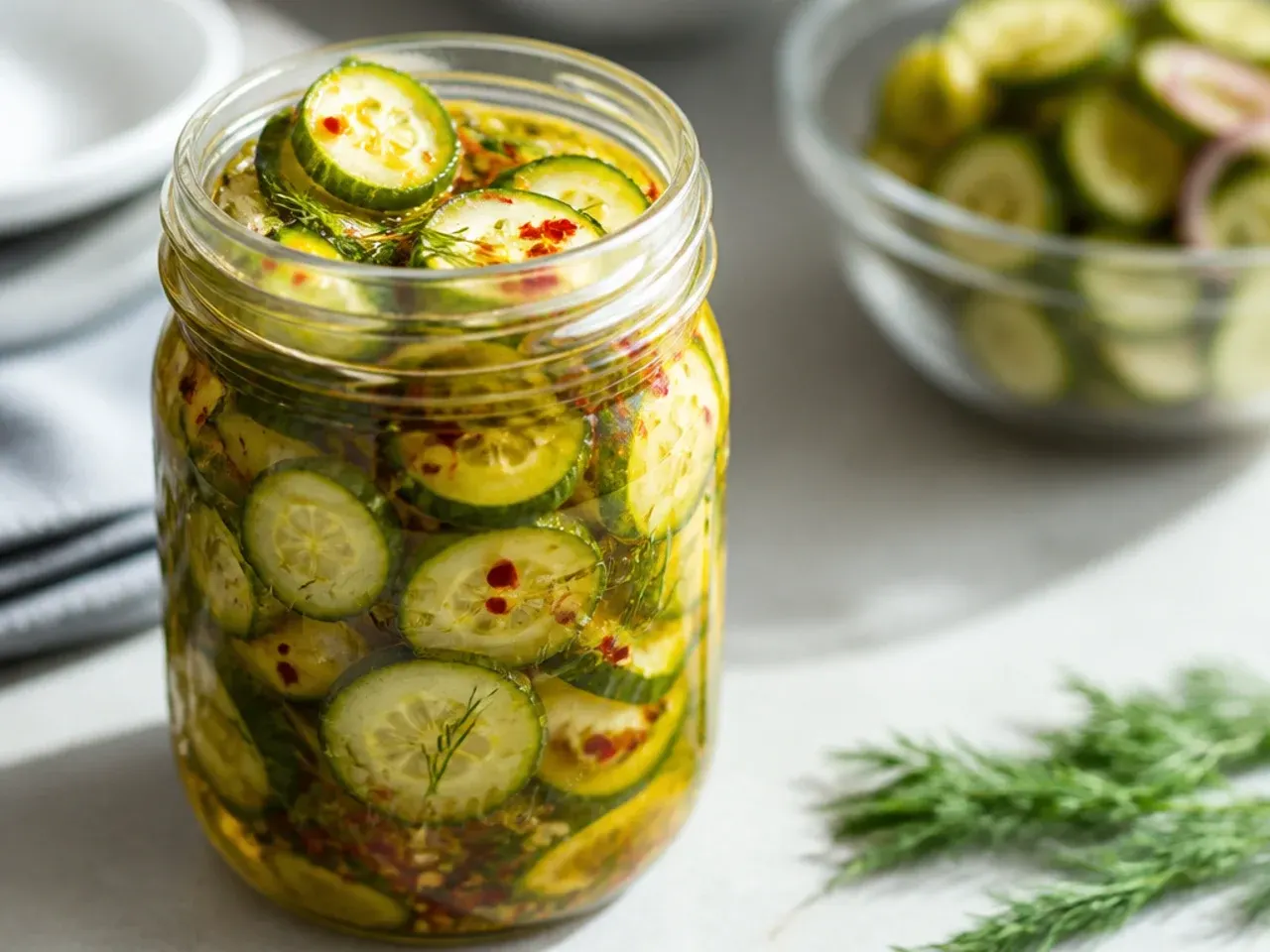 Thin quick-pickled cucumber slices ready to eat within the hour.