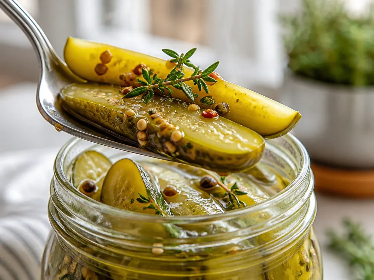 Rustic dill pickle spears standing upright in a farmhouse-style jar.