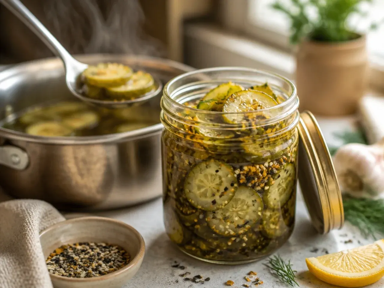 Pickle chips topped with everything bagel seasoning in a glass jar.