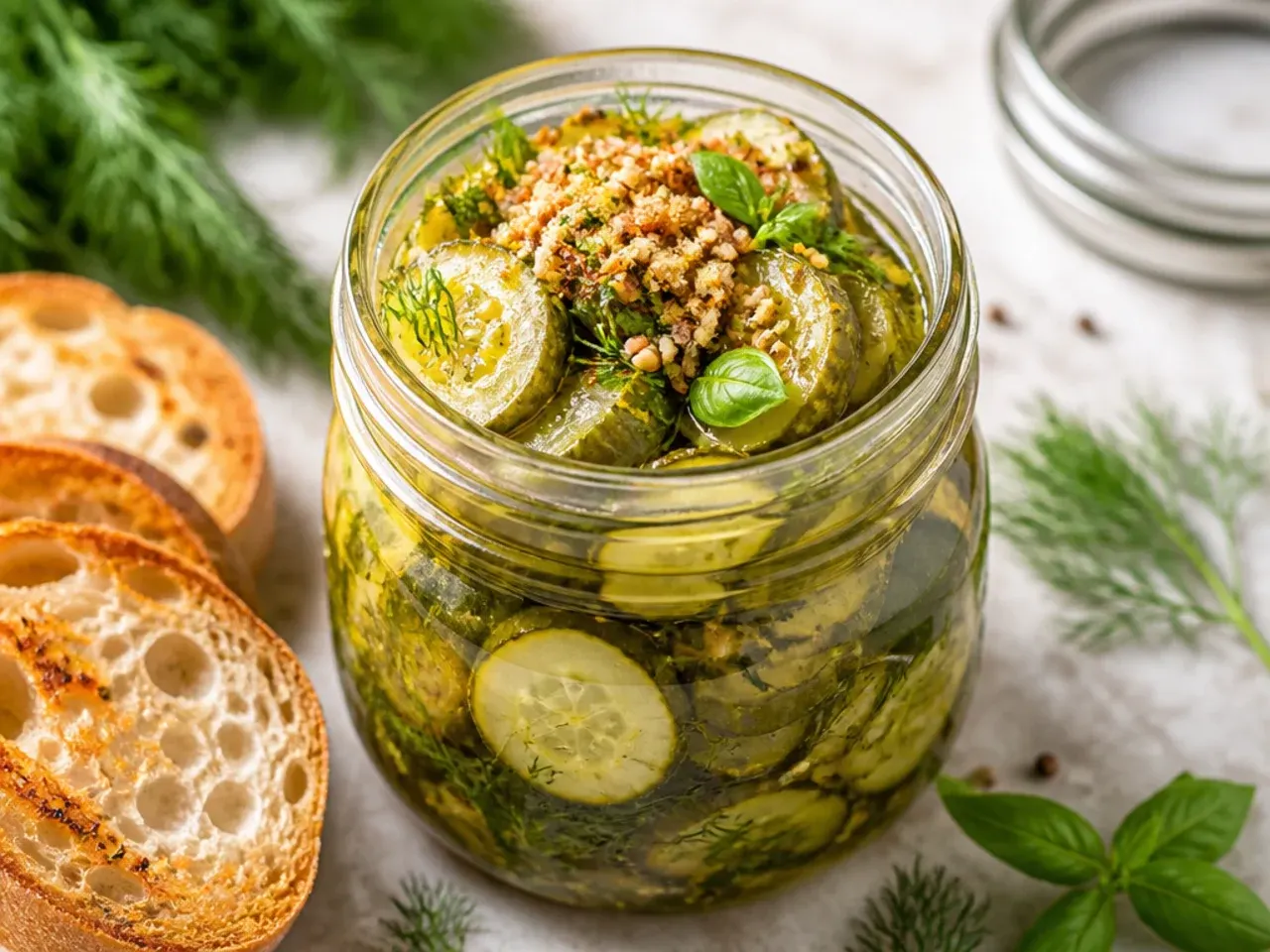 Extra crunchy garlic dill pickle spears sliced open to show their snap.