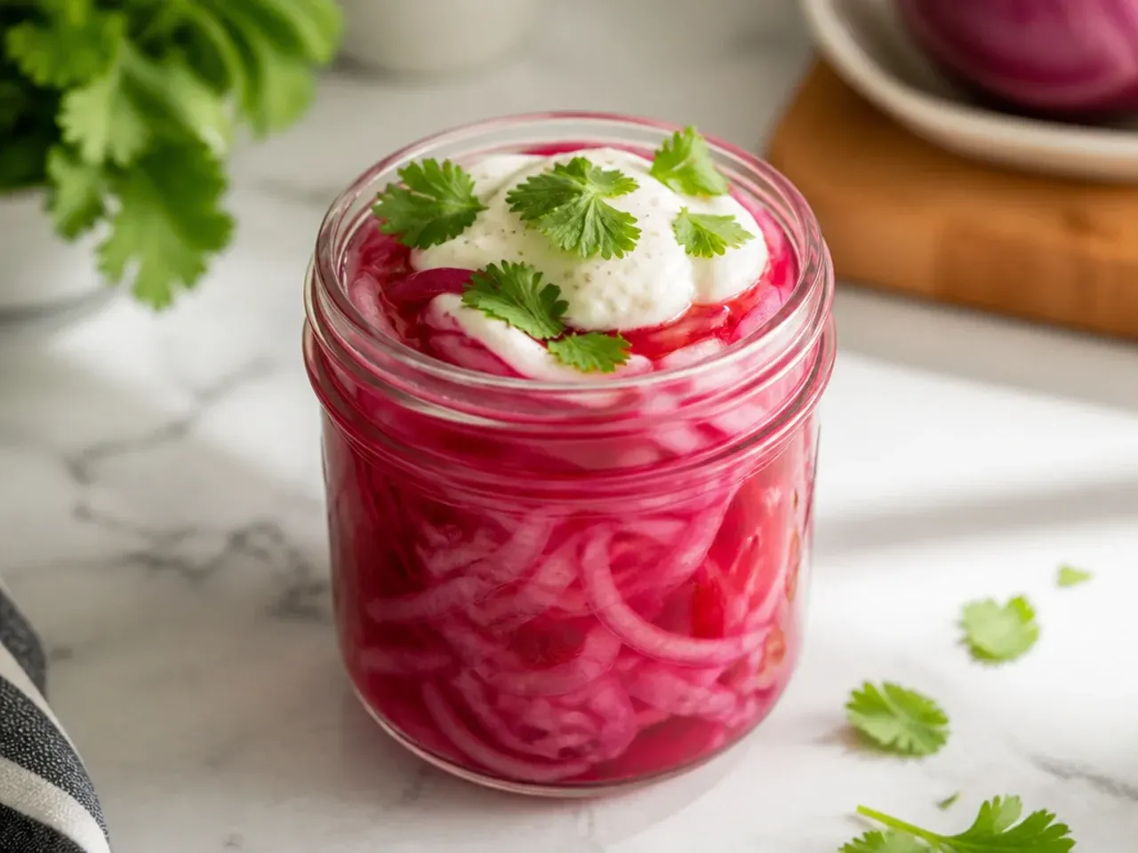 Bright pink quick-pickled red onions in a small glass jar.