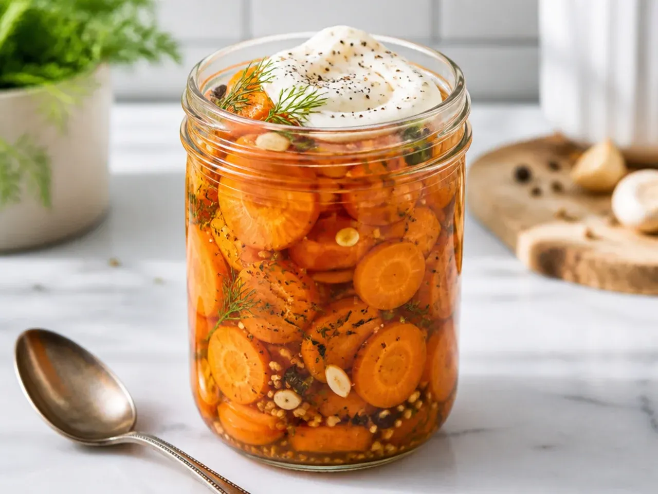 Jar of classic pickled carrot batons with garlic and dill.