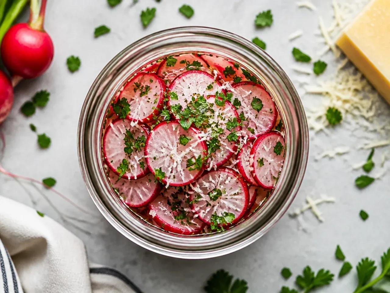 Thin pale pink pickled radish slices in a small jar.
