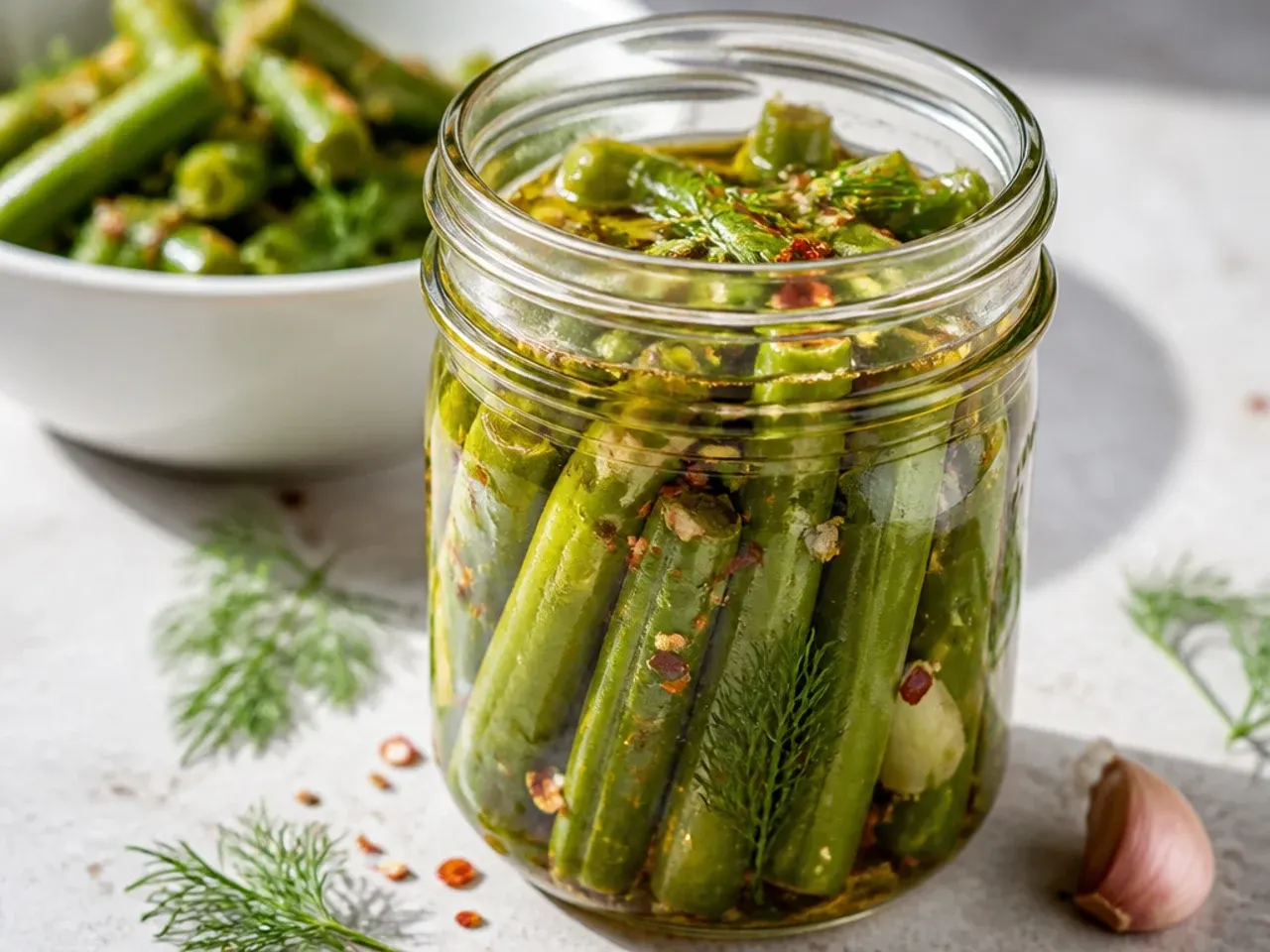Whole dilly green beans packed upright in a tall glass jar.