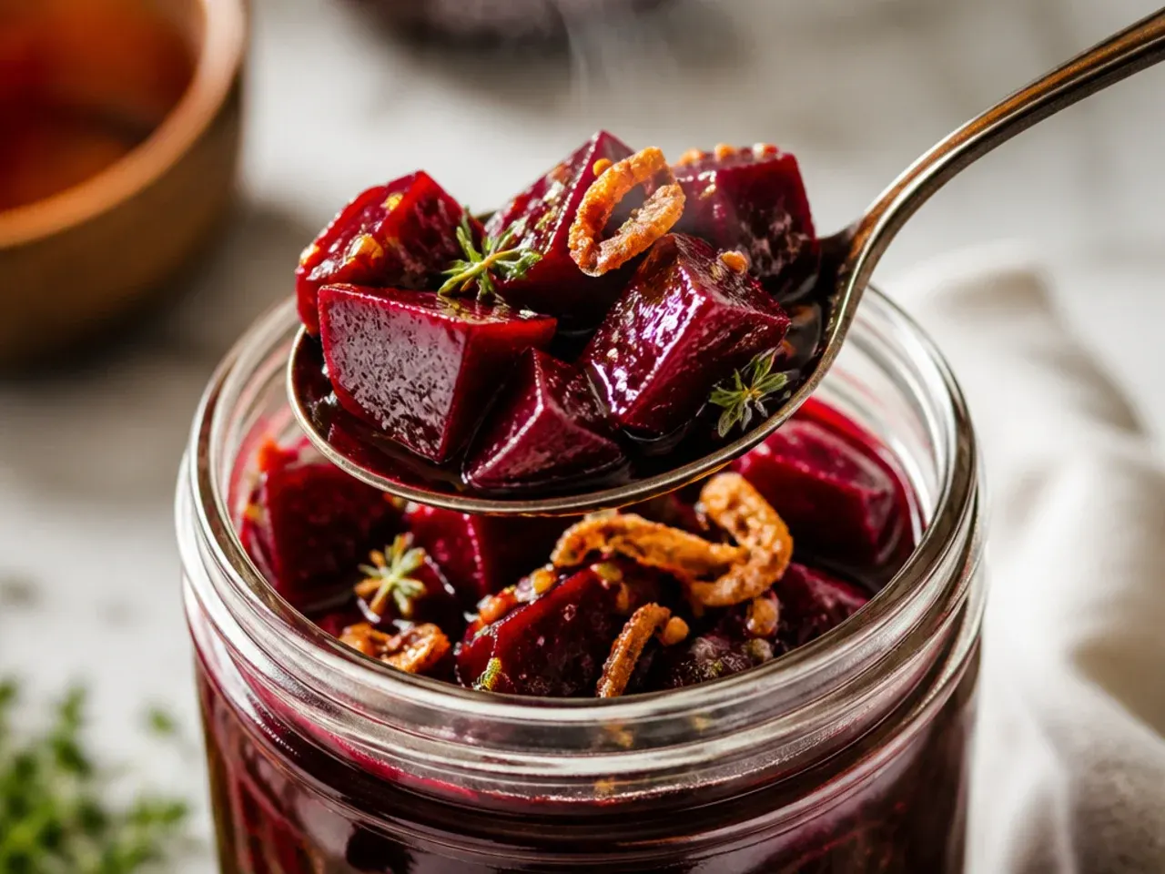 Wedges of cosy spiced pickled beetroot in a deep red brine.