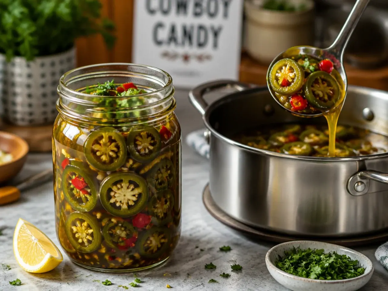 Sweet and spicy candied jalapeño slices, also known as cowboy candy.