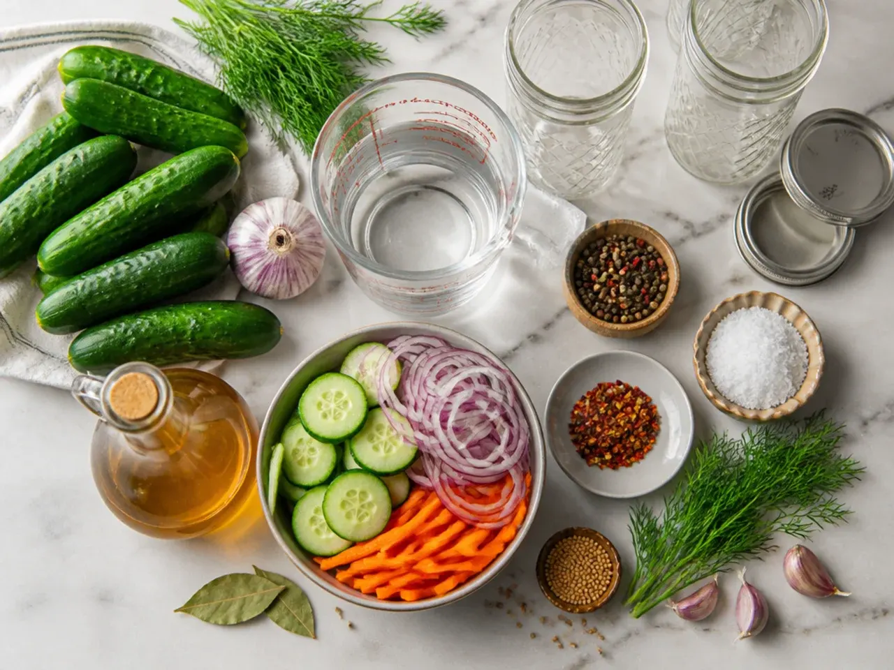 Close-up of coarse kosher salt and fresh dill beside a pickle jar.