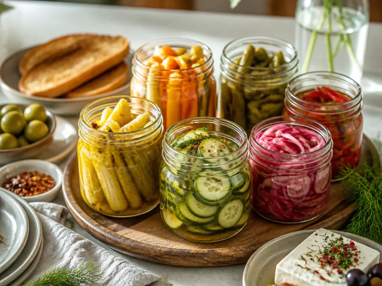 Burger topped with homemade pickle slices alongside a cheese board.