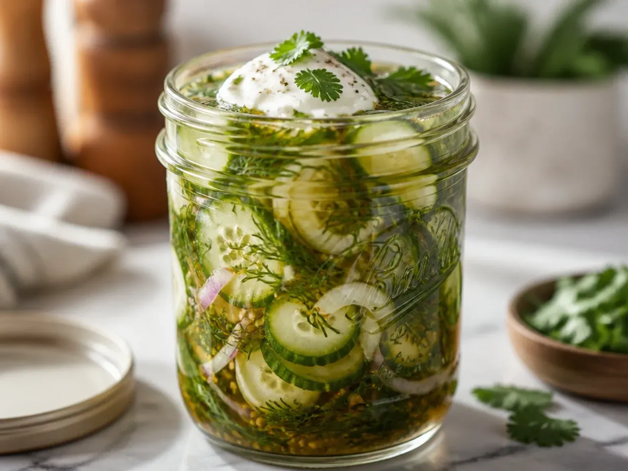 Sealed jars of refrigerator pickles stored on a fridge shelf.