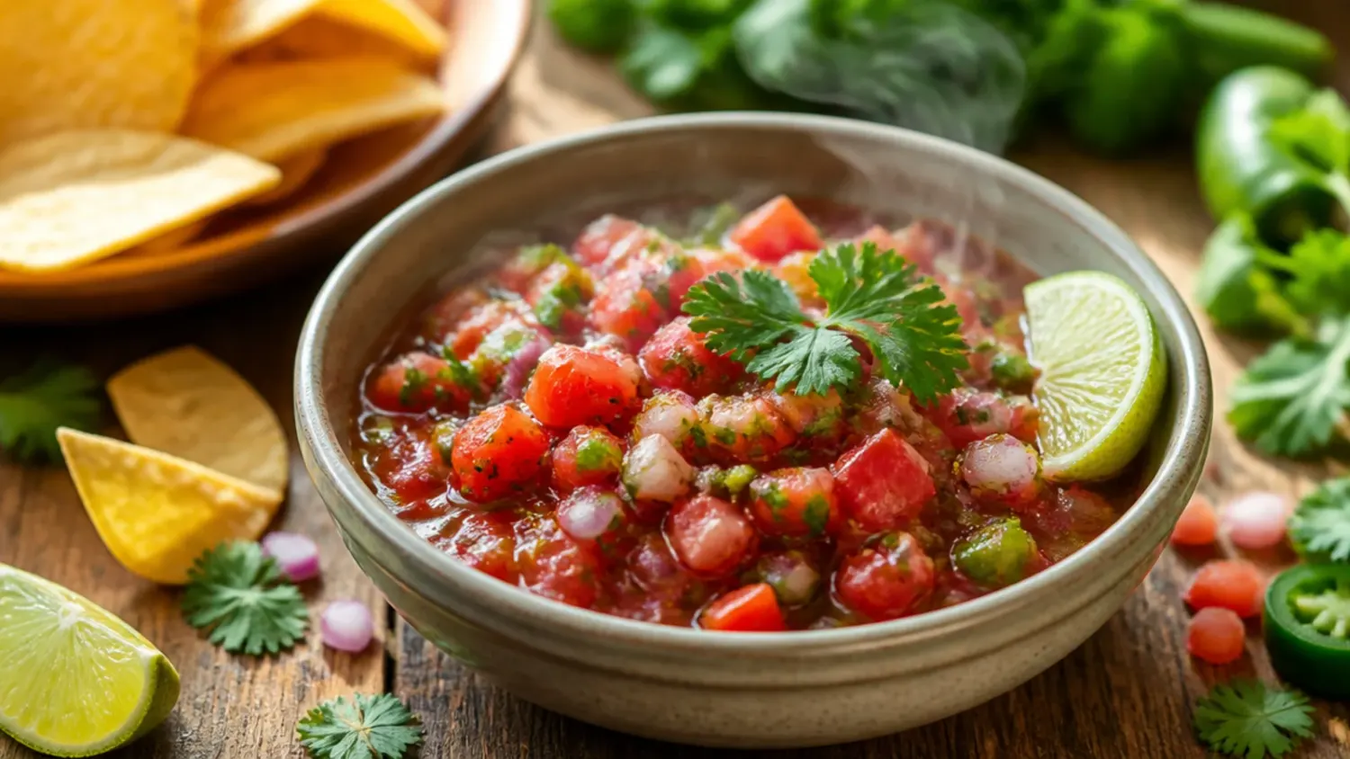 Overhead shot of a bowl of chunky homemade salsa surrounded by tortilla chips, limes, and jalapenos