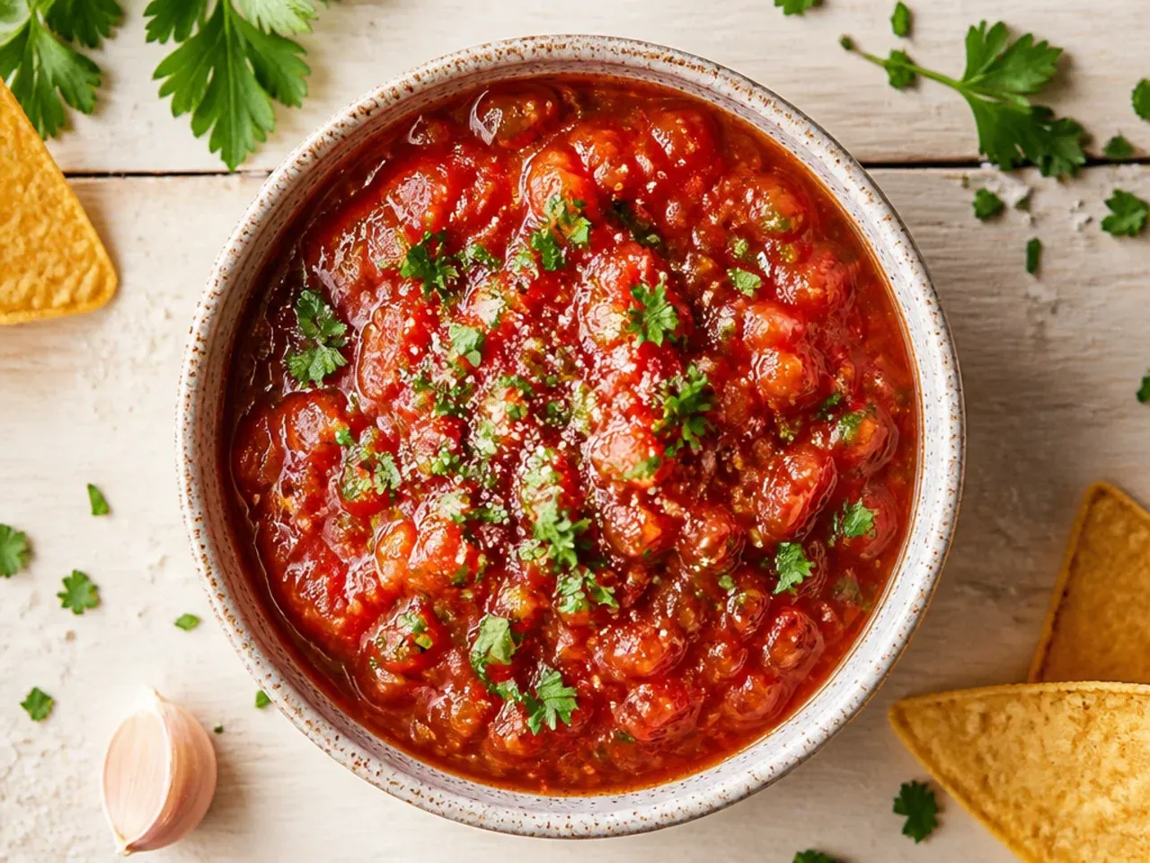 Close-up of classic chunky homemade salsa in a molcajete with a tortilla chip dipped in