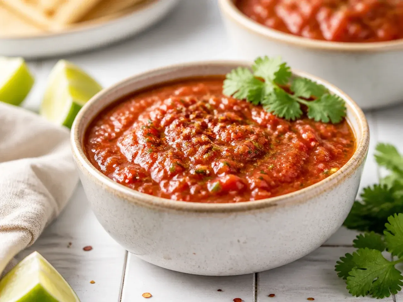 Blender jug filled with bright red five-minute salsa next to a bag of tortilla chips