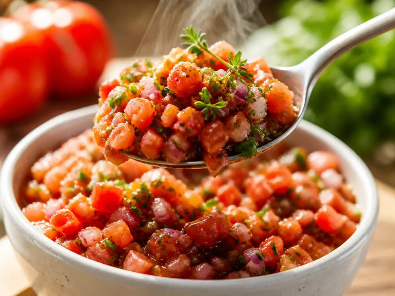 Wooden bowl of finely diced pico de gallo with visible cubes of tomato, onion, and jalapeno