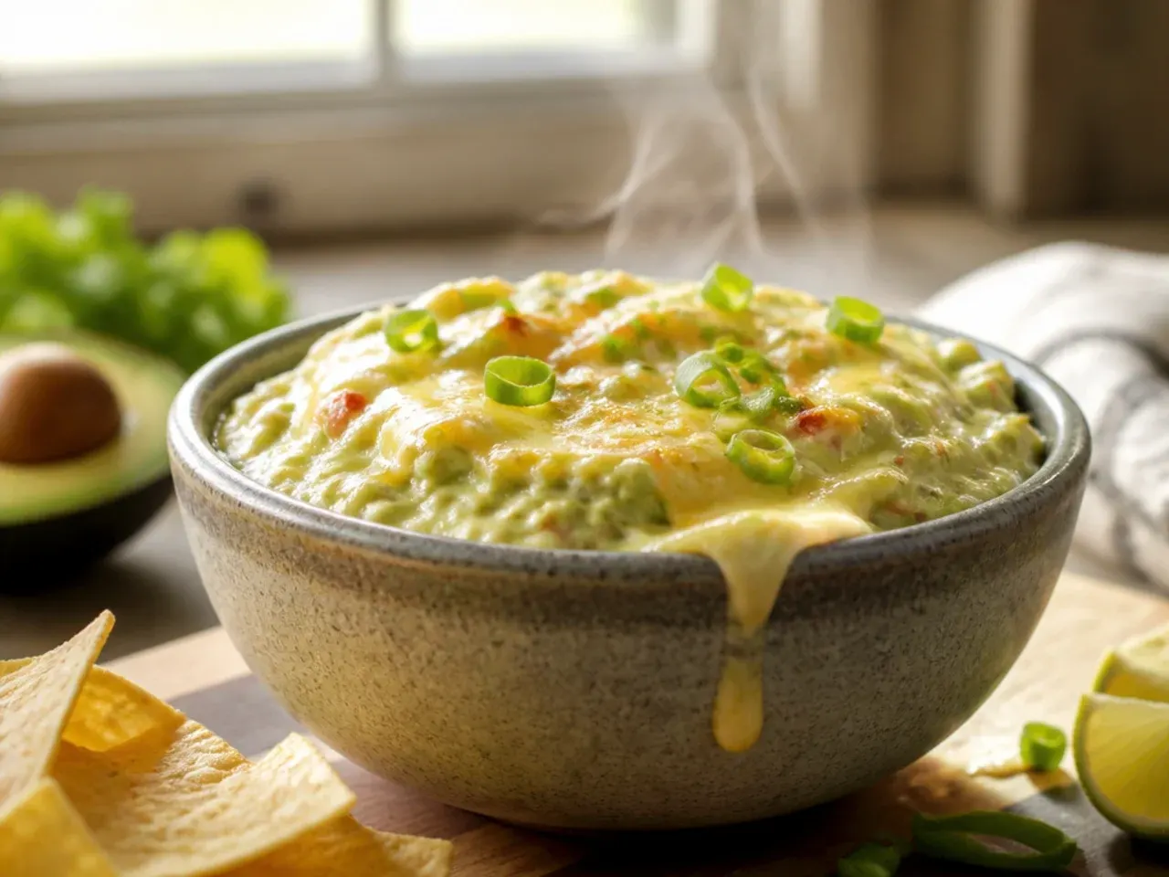 Creamy pale green avocado salsa in a bowl, garnished with a lime wedge and cilantro