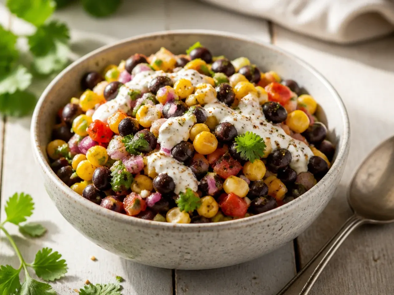 Colourful black bean and corn salsa in a glass bowl showing beans, corn kernels, and diced tomato