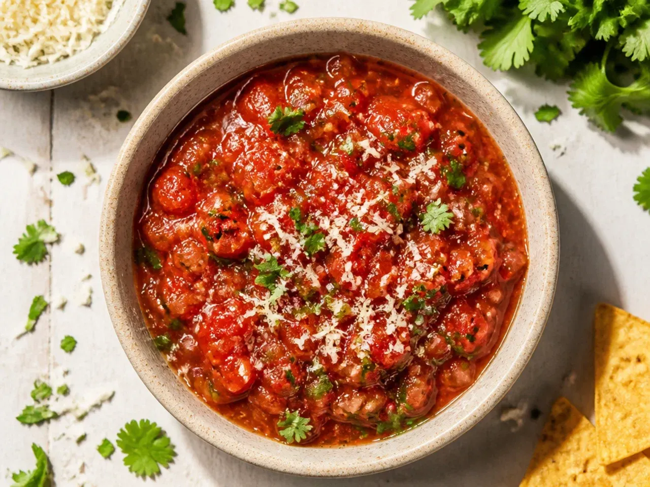 Budget-friendly salsa made from canned tomatoes served in a bowl next to the empty tins