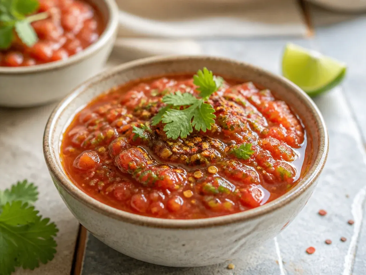 Blender salsa being poured from the jug into a serving bowl on a busy weeknight kitchen counter