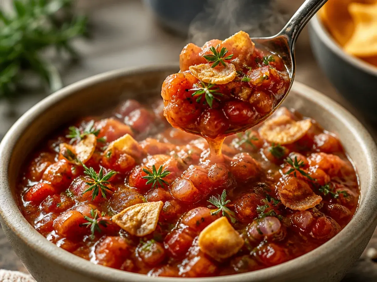 Rustic hand-chopped salsa with visibly uneven chunks of tomato and onion on a wooden board