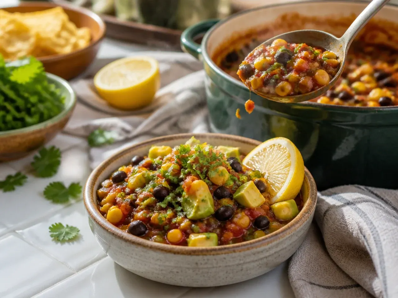 Large bowl of loaded salsa piled with black beans, corn, avocado chunks, and diced tomato