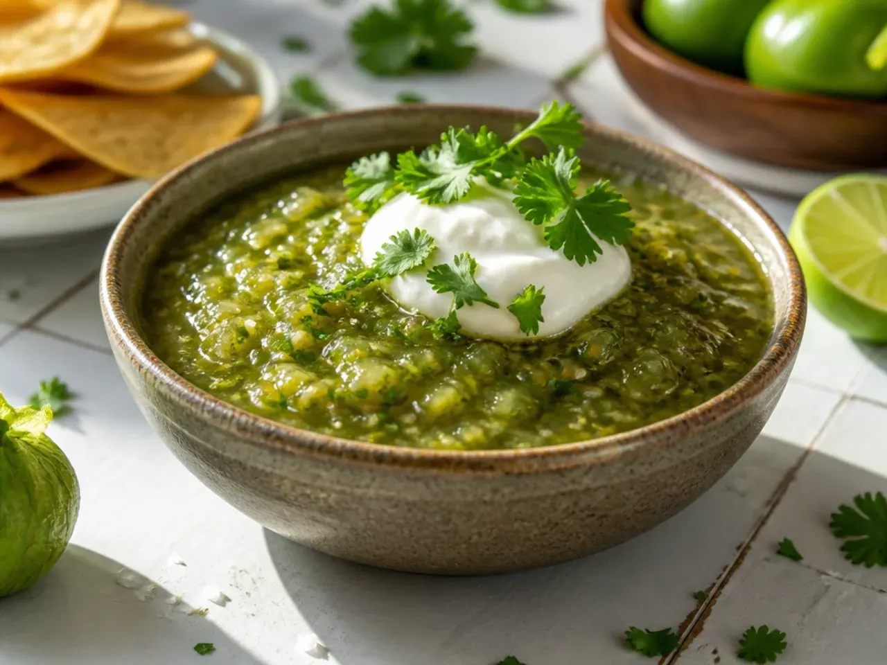 Green tomatillo salsa verde in a bowl next to husked raw tomatillos