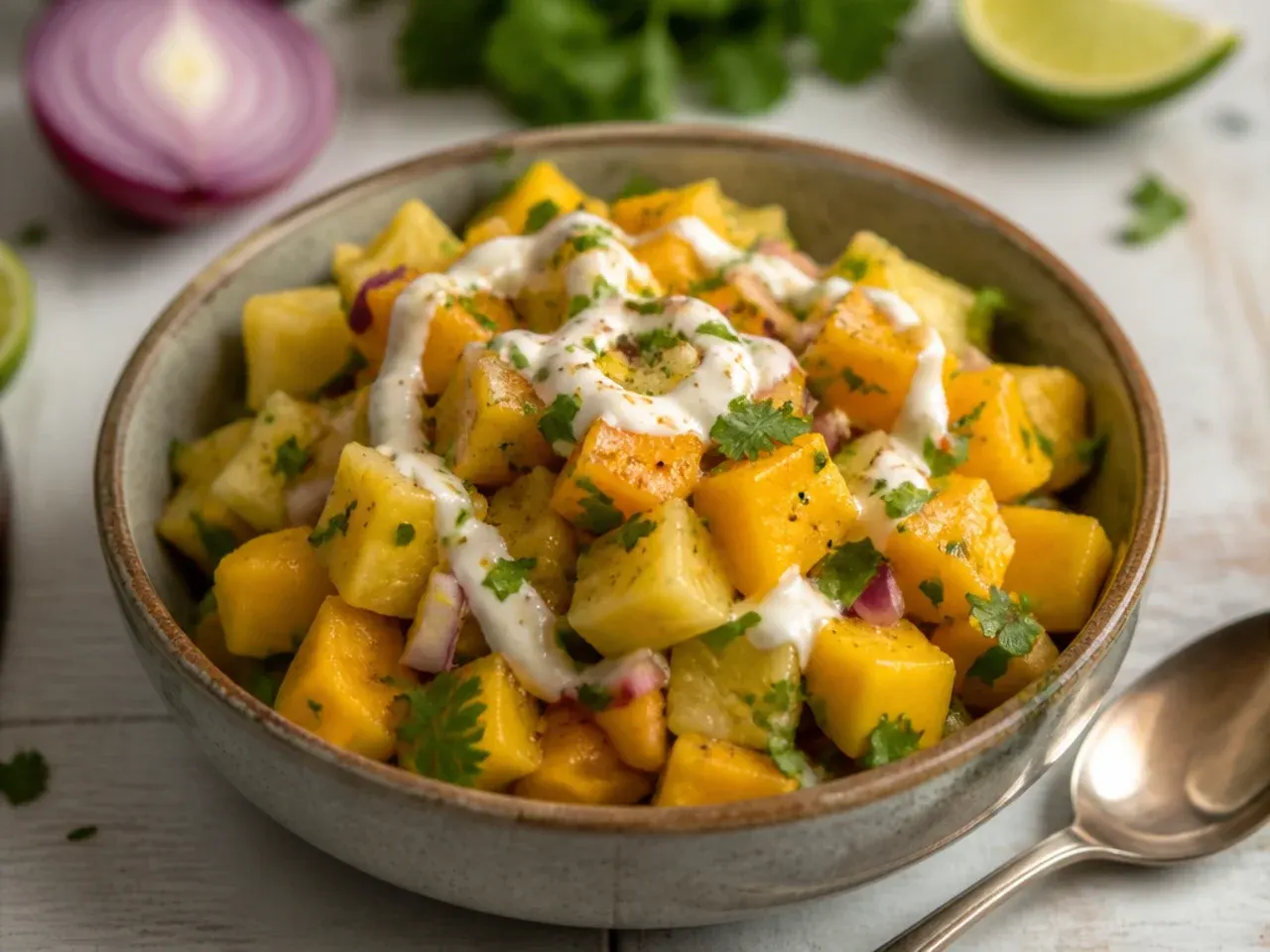 Bright orange mango and pineapple salsa with visible red onion and cilantro flecks