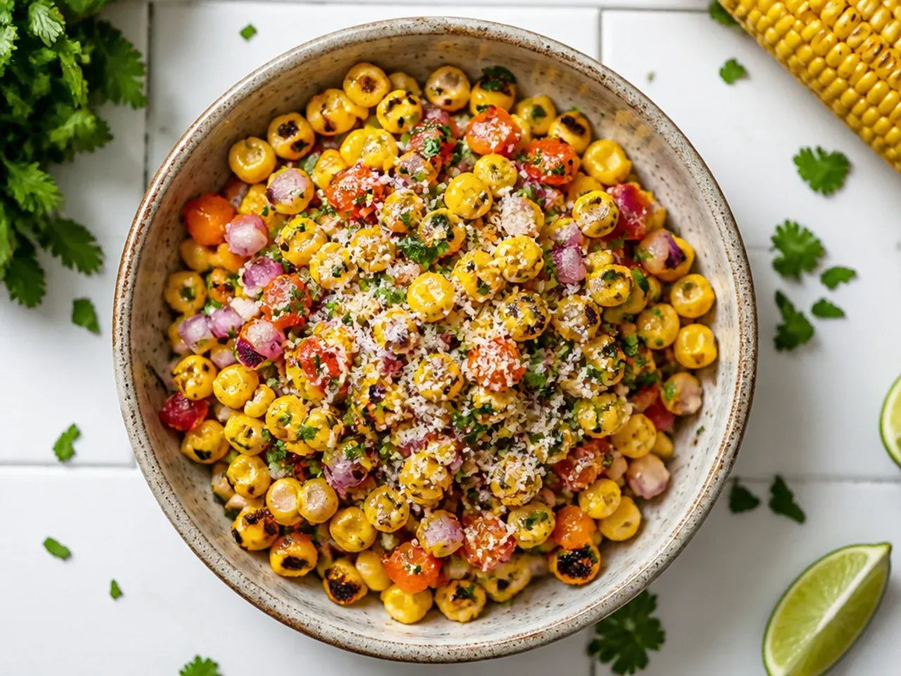 Charred corn kernels folded into red tomato salsa in a serving bowl