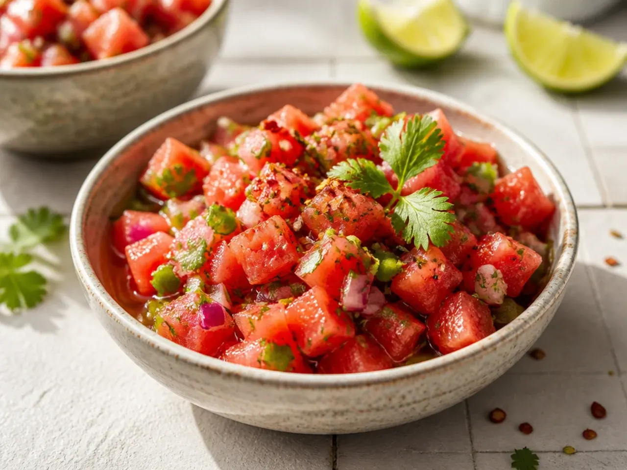 Refreshing pink watermelon salsa with mint and red onion in a glass bowl