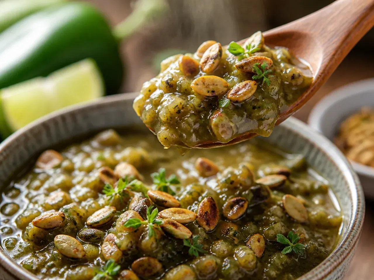 Smoky roasted poblano salsa in a rustic bowl with charred pepper skin visible on the side
