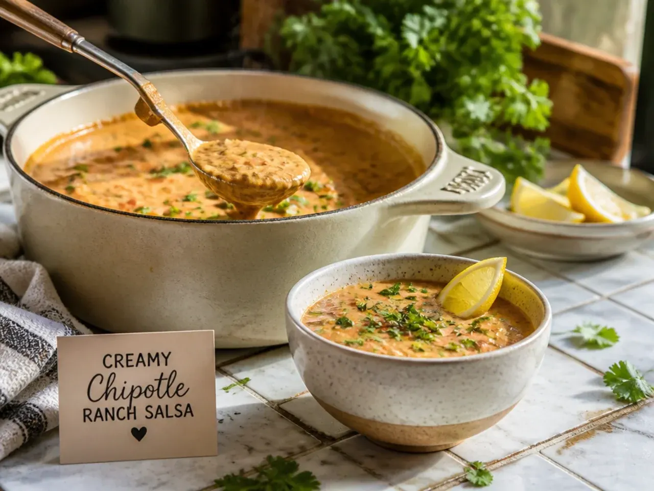 Pale orange creamy chipotle ranch salsa in a bowl with a swirl visible on top