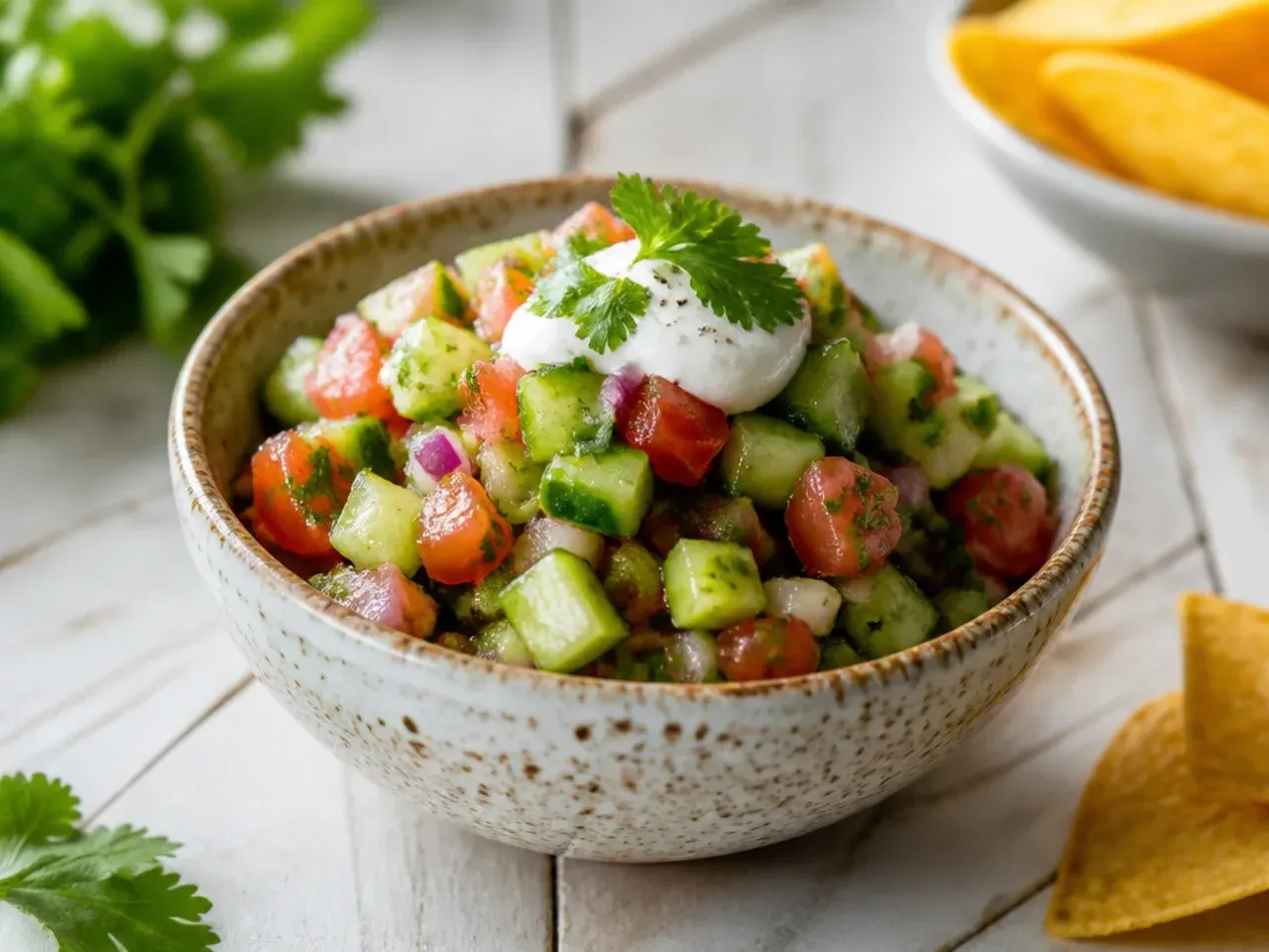 Fresh cucumber and tomato salsa in a bowl with visible pale cucumber cubes among the red tomato