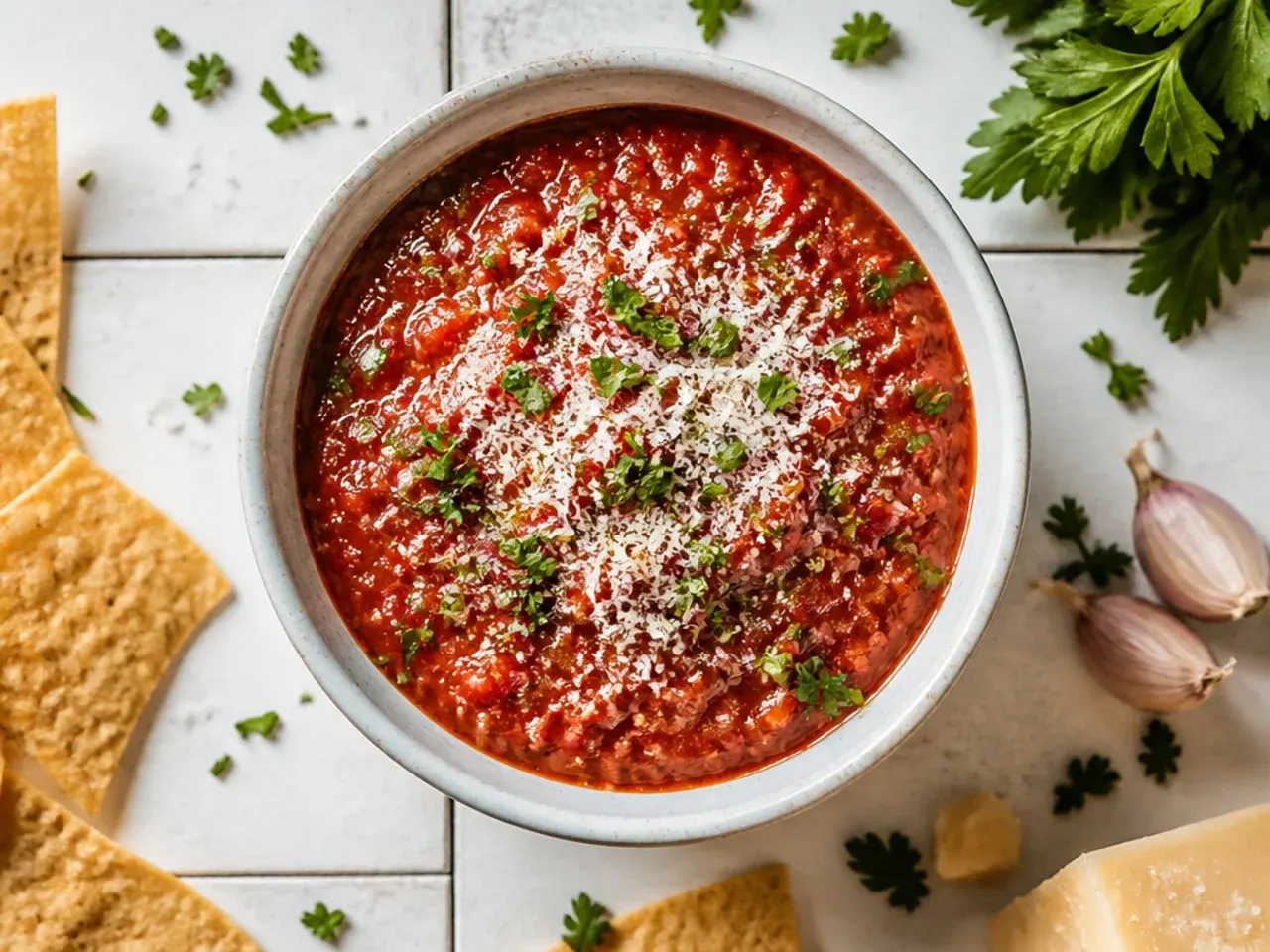 Simple three-ingredient salsa in a small bowl next to an open can of fire-roasted tomatoes