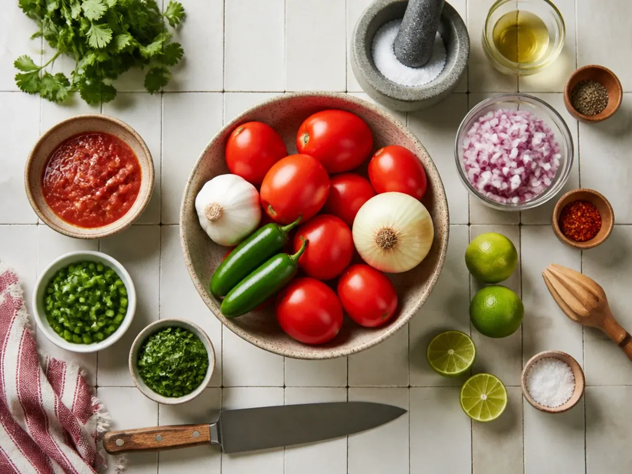 Hands demonstrating a pro tip, draining diced tomatoes in a fine mesh sieve over a bowl