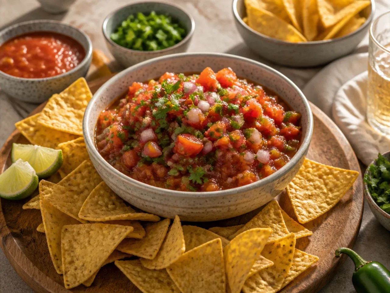 Table spread with tortilla chips, grilled chicken, and several bowls of different salsa varieties