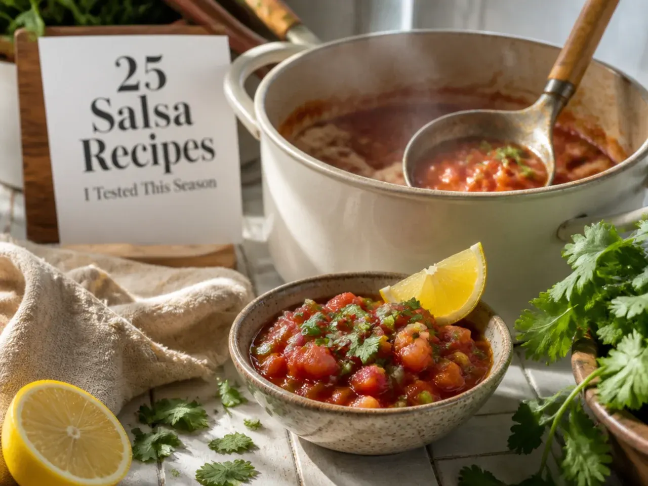 Glass storage containers of homemade salsa lined up in a refrigerator door shelf