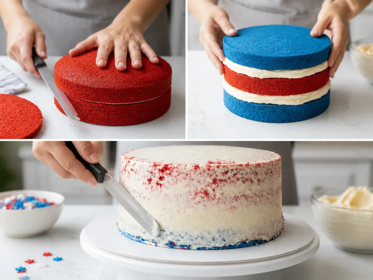 homemade spiderman cake — step 4: level, stack and crumb coat